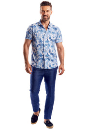 Camisa de manga corta con estampado elegante de poliéster elástico en 4 direcciones