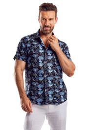 Camisa de manga corta con estampado elegante de poliéster elástico en 4 direcciones
