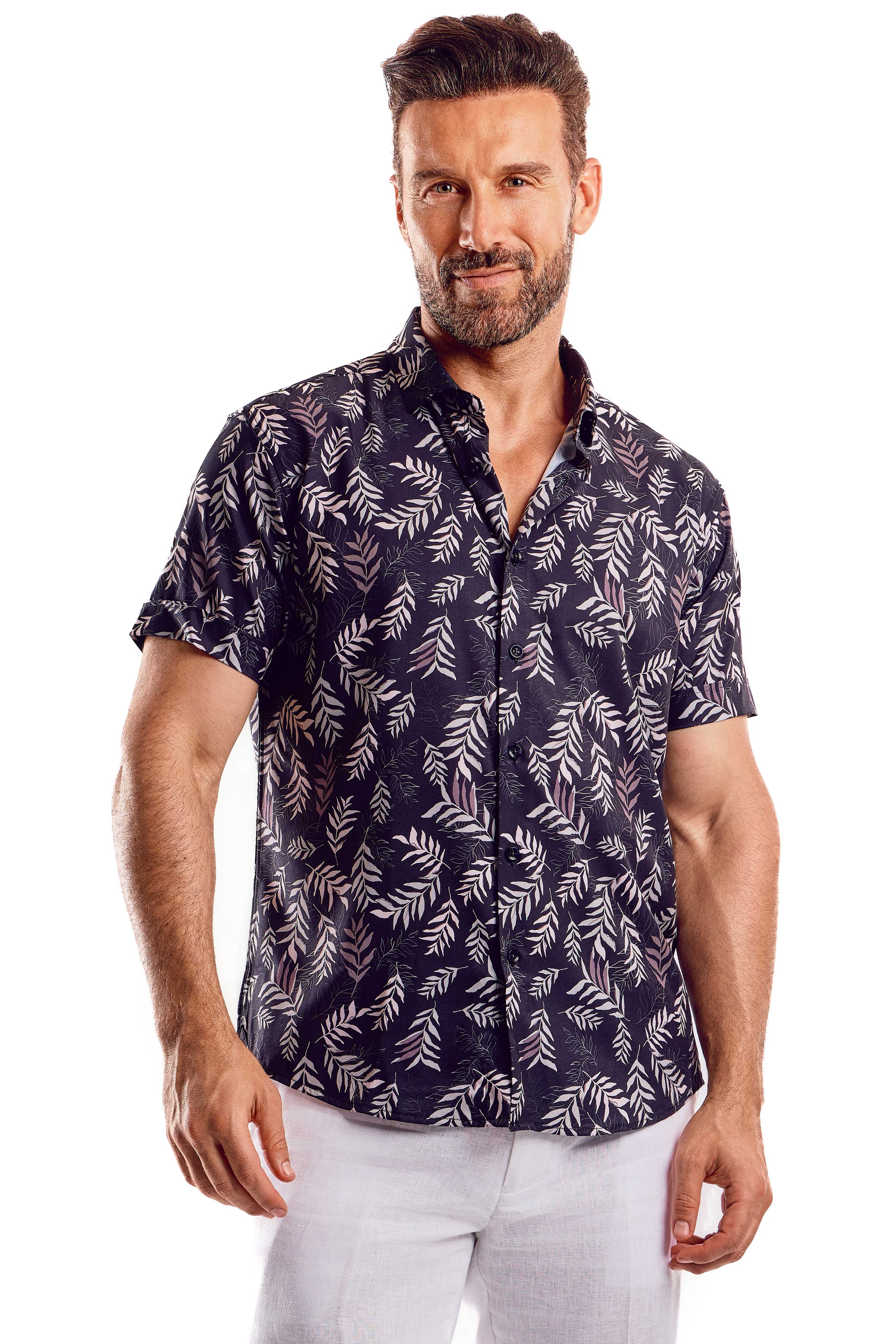 Camisa de manga corta con estampado elegante de poliéster elástico en 4 direcciones