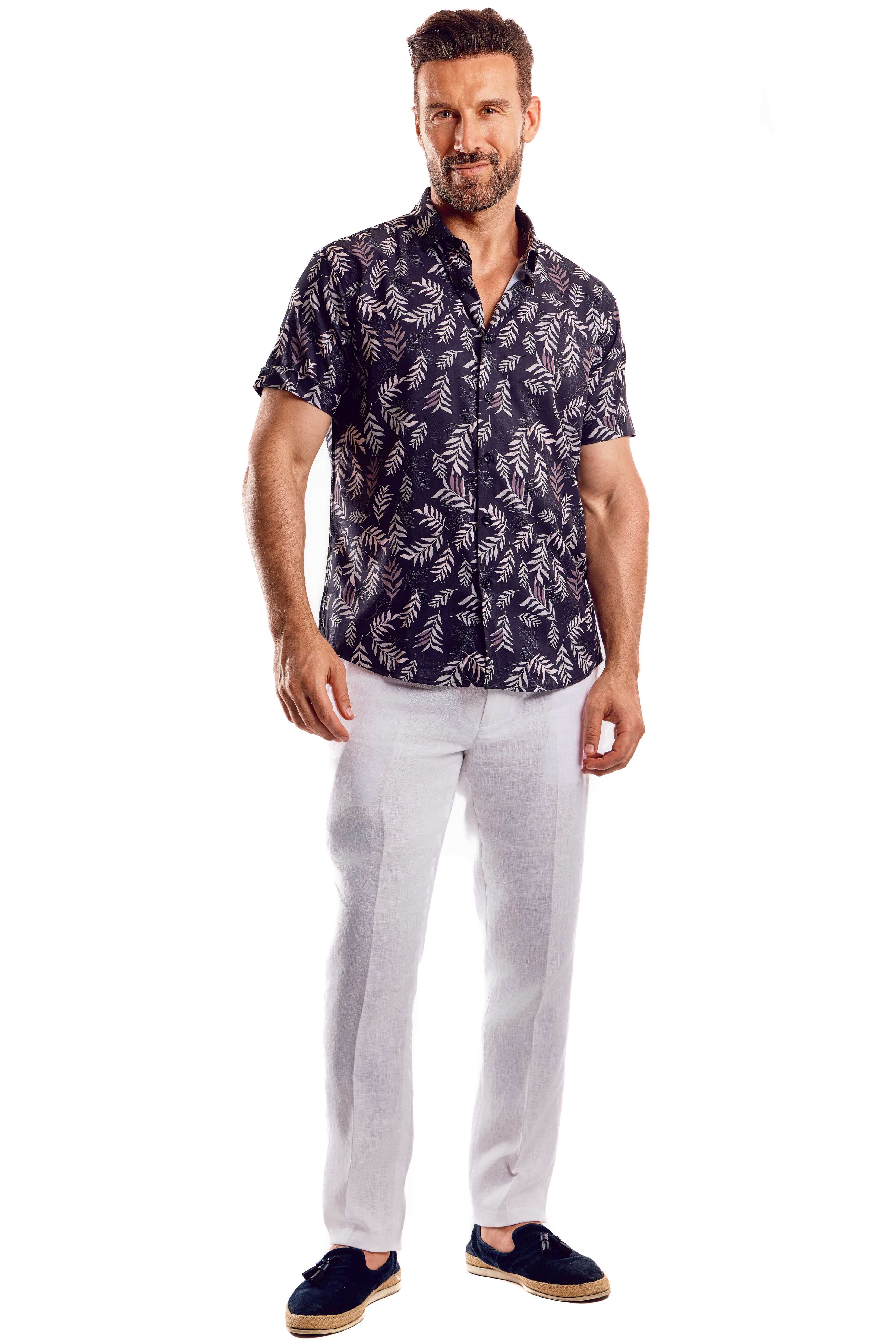 Camisa de manga corta con estampado elegante de poliéster elástico en 4 direcciones