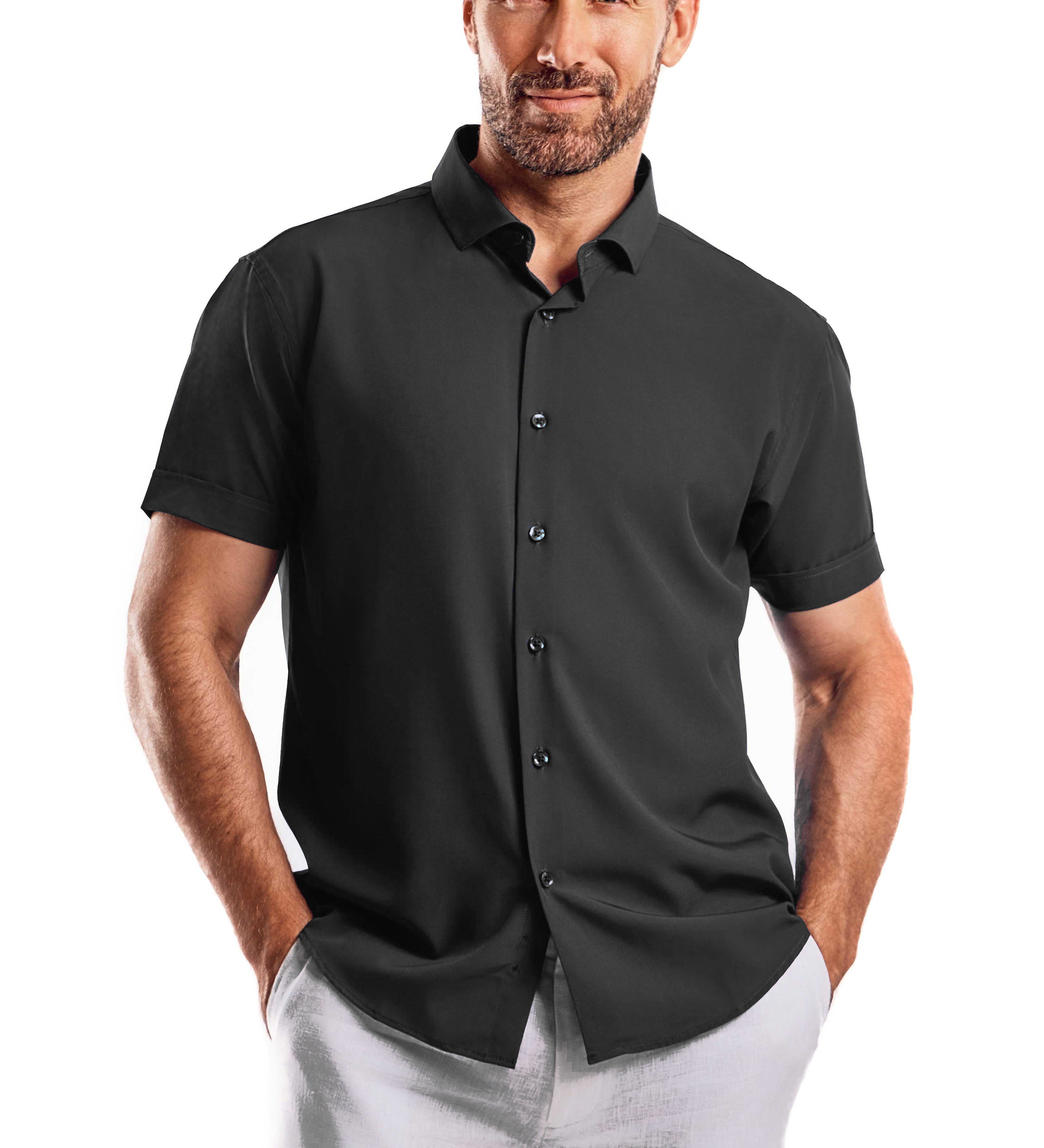 Casual Dress Shirt Solid Color 4 Way Stretch Short Sleeve