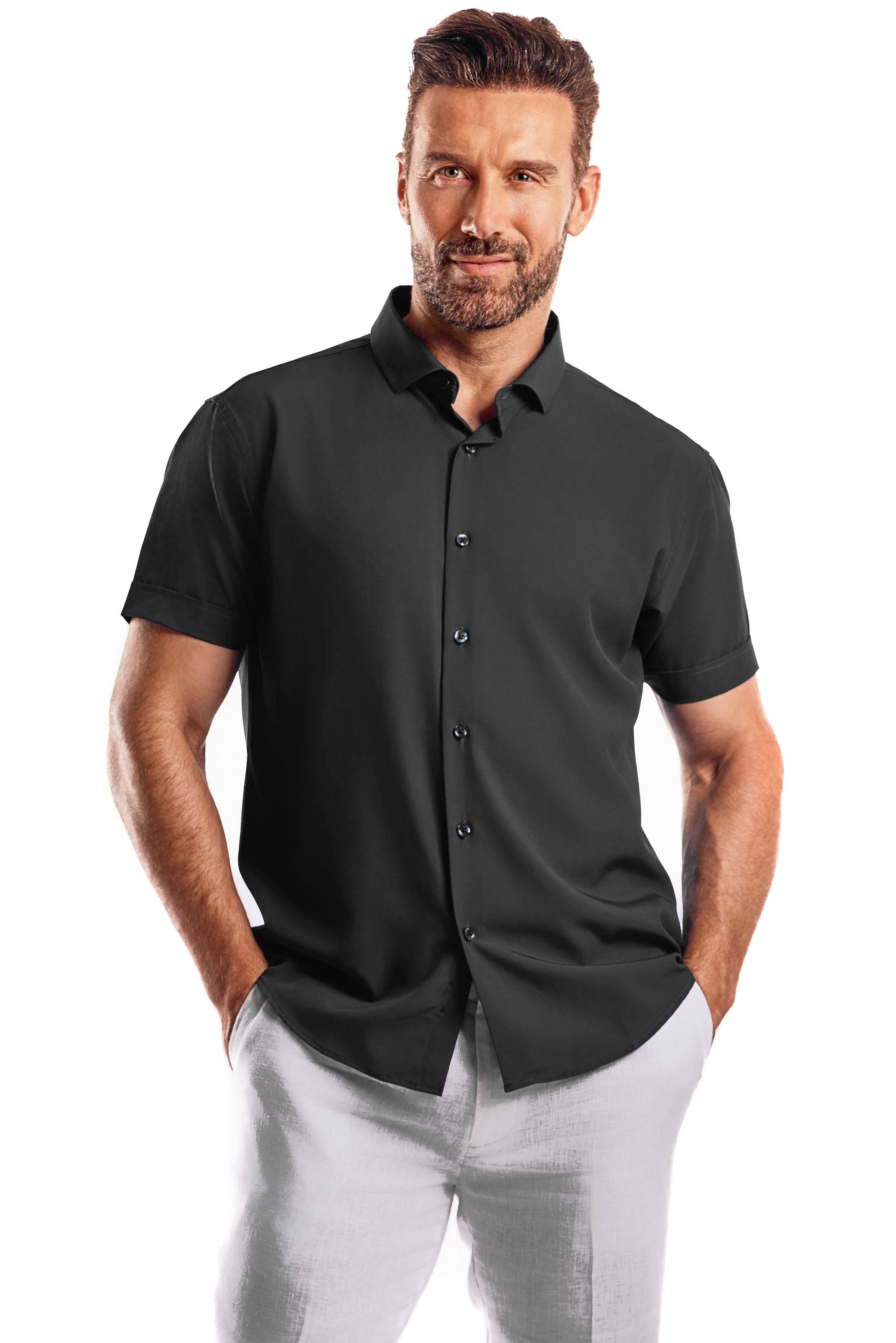 Camisa informal de manga corta, color liso y elástica en 4 direcciones