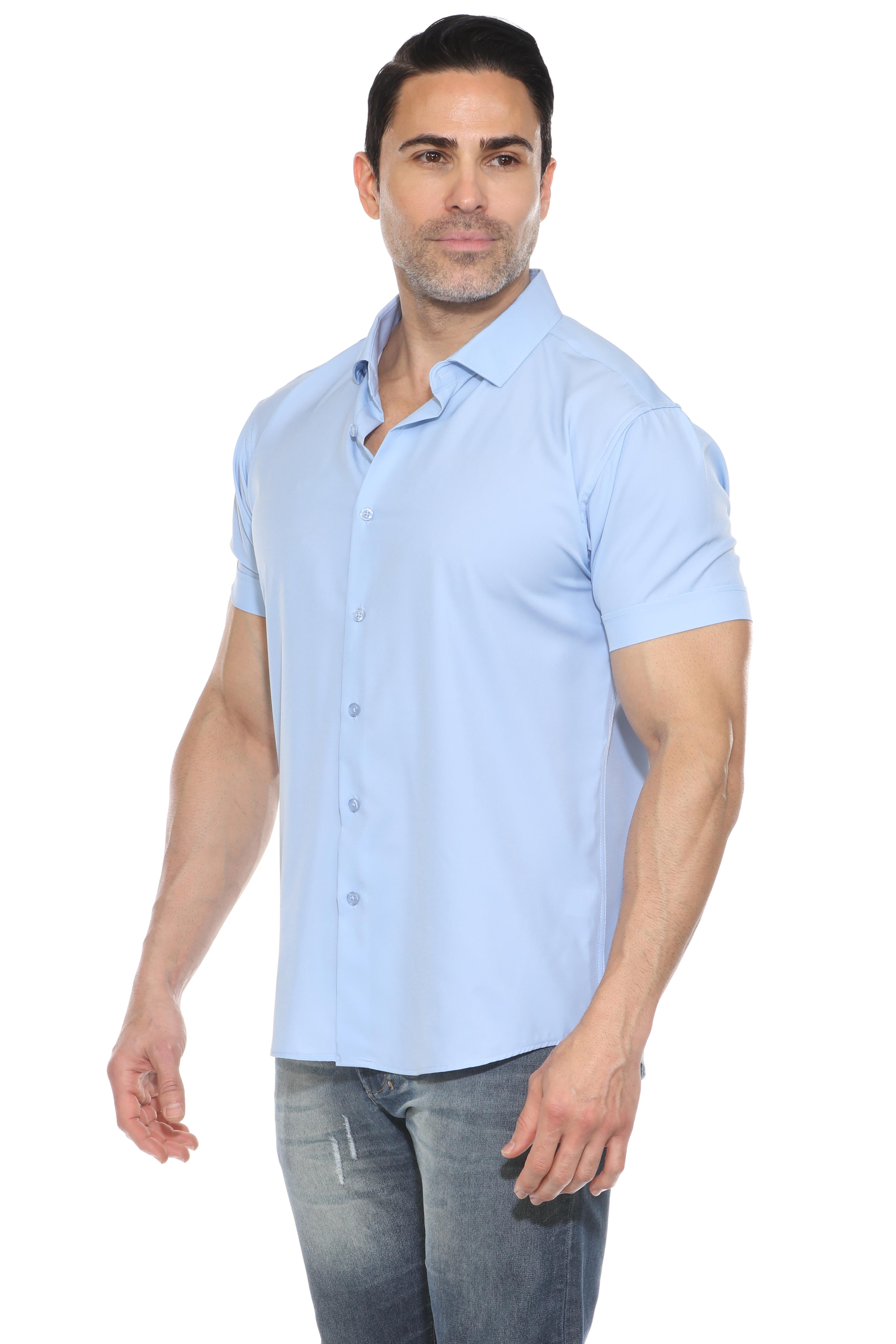 Casual Dress Shirt Solid Color 4 Way Stretch Short Sleeve