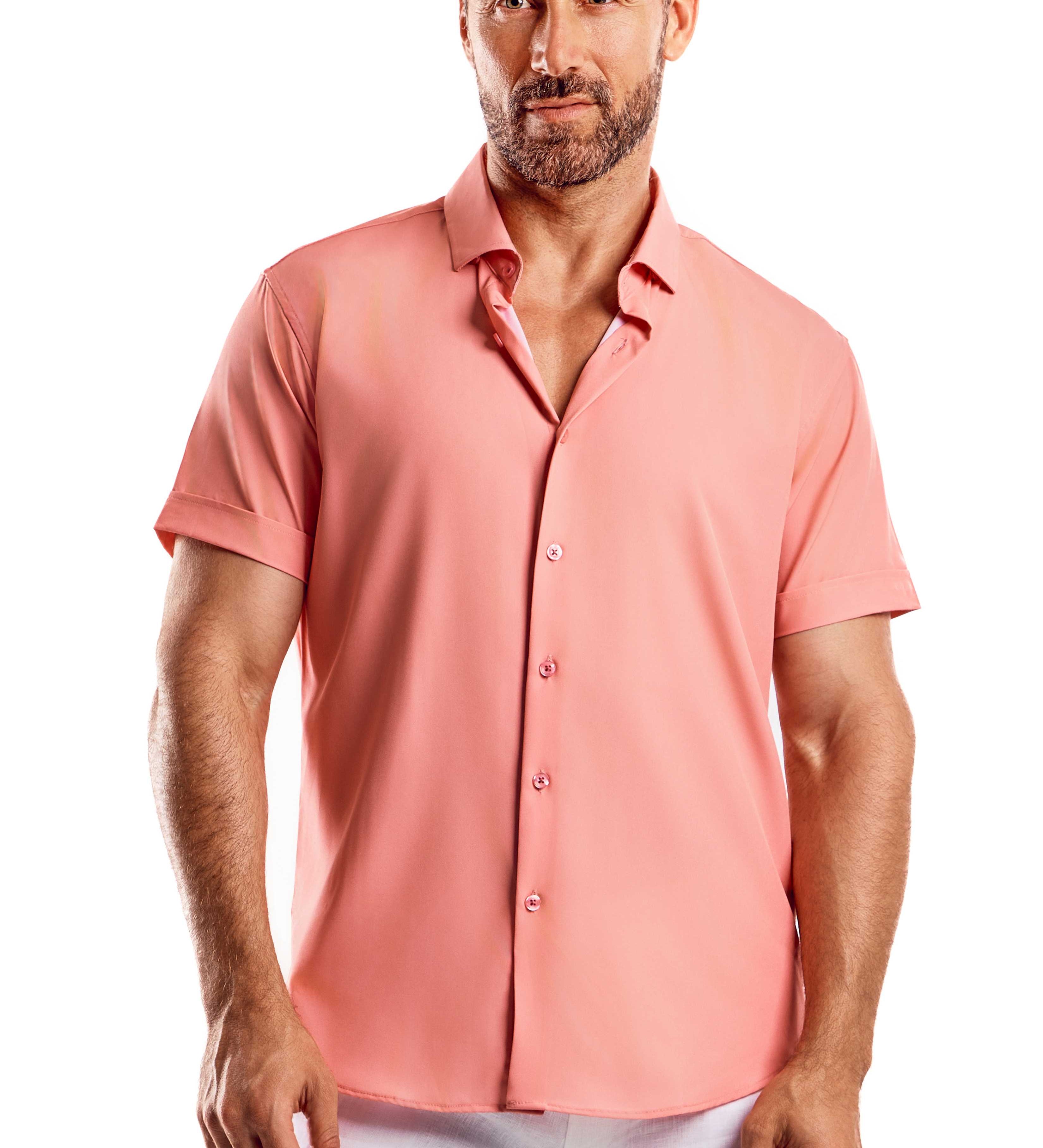 Casual Dress Shirt Solid Color 4 Way Stretch Short Sleeve