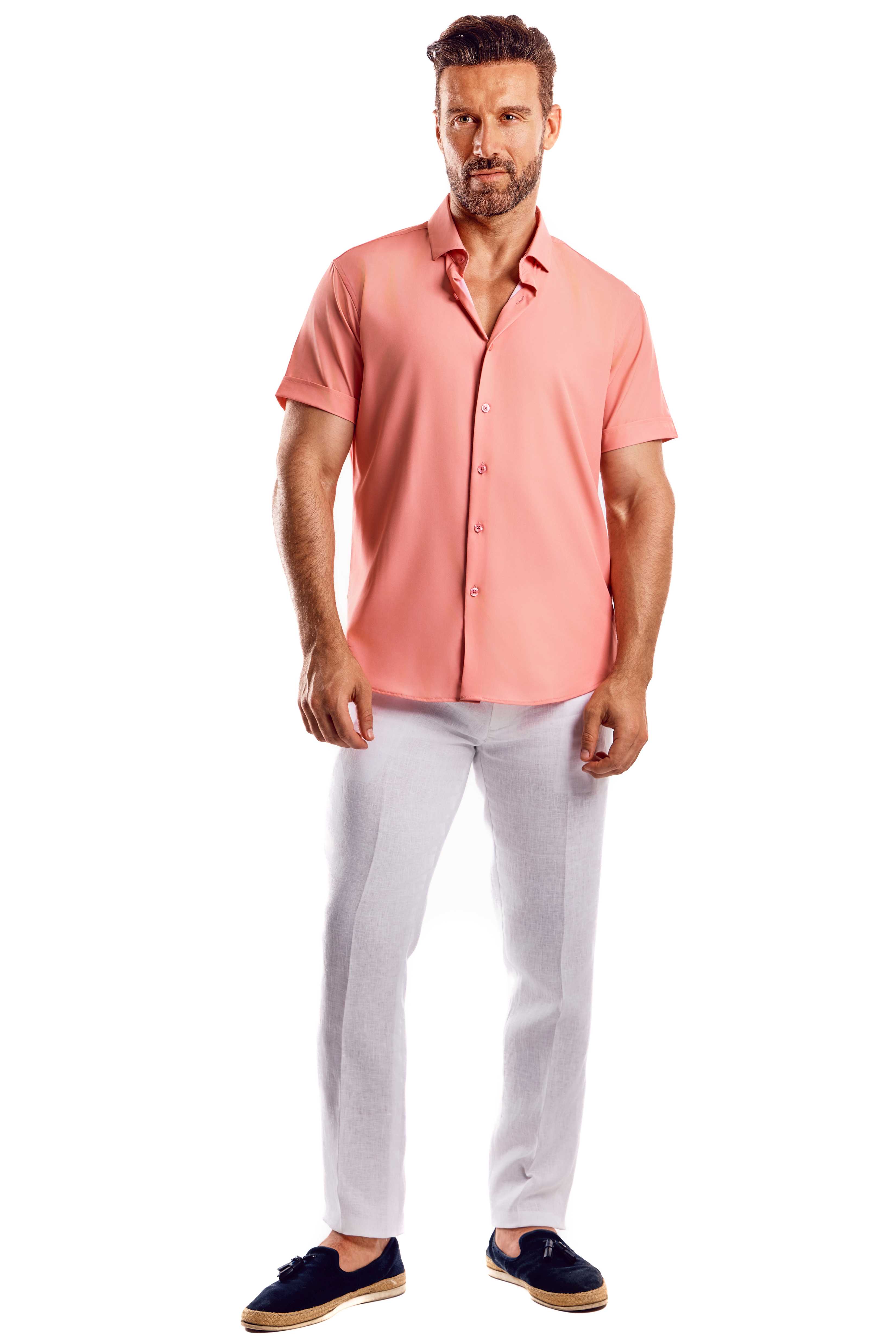 Casual Dress Shirt Solid Color 4 Way Stretch Short Sleeve