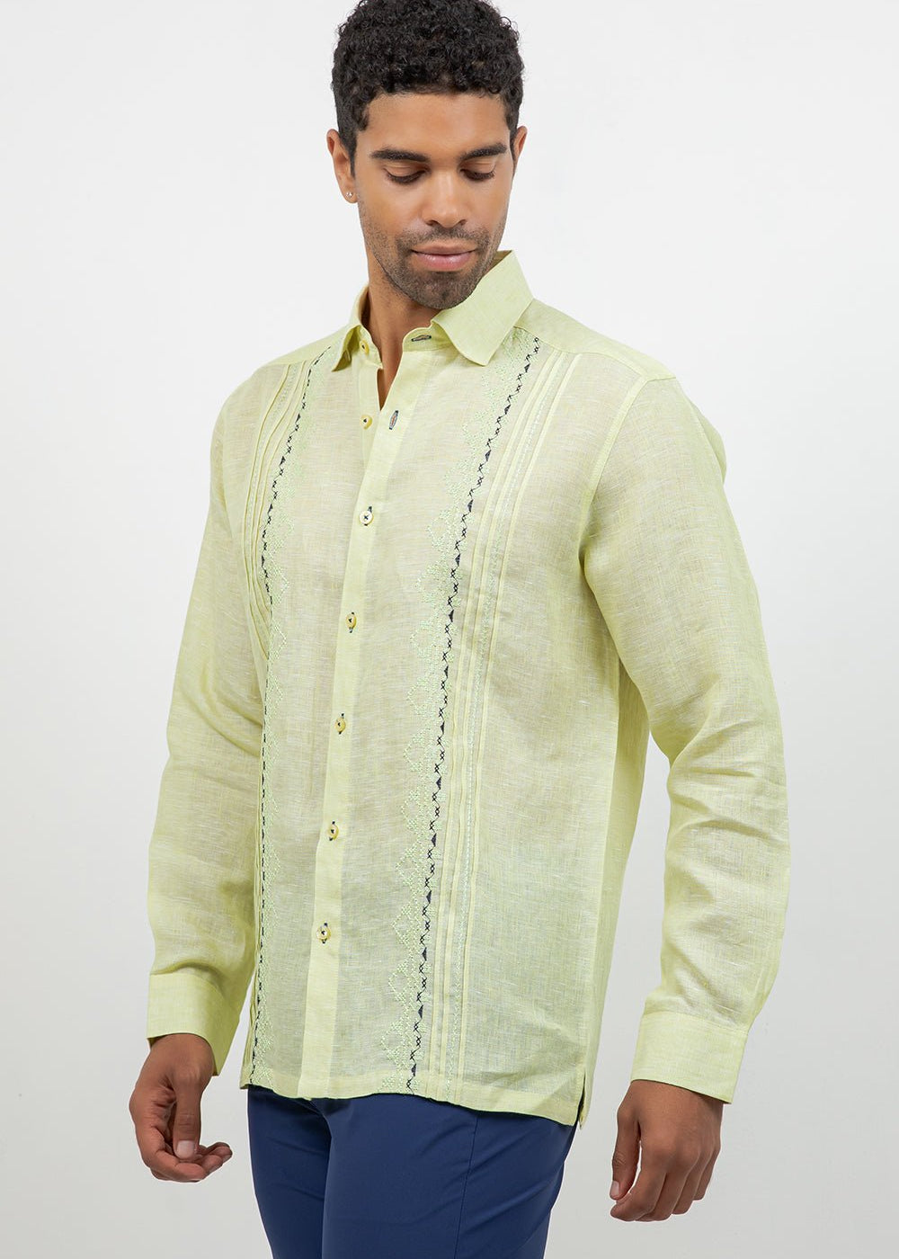 Men's soft chartreuse yellow embroidered linen dress shirt, long sleeve, wedding guest shirt, Mojito Collection