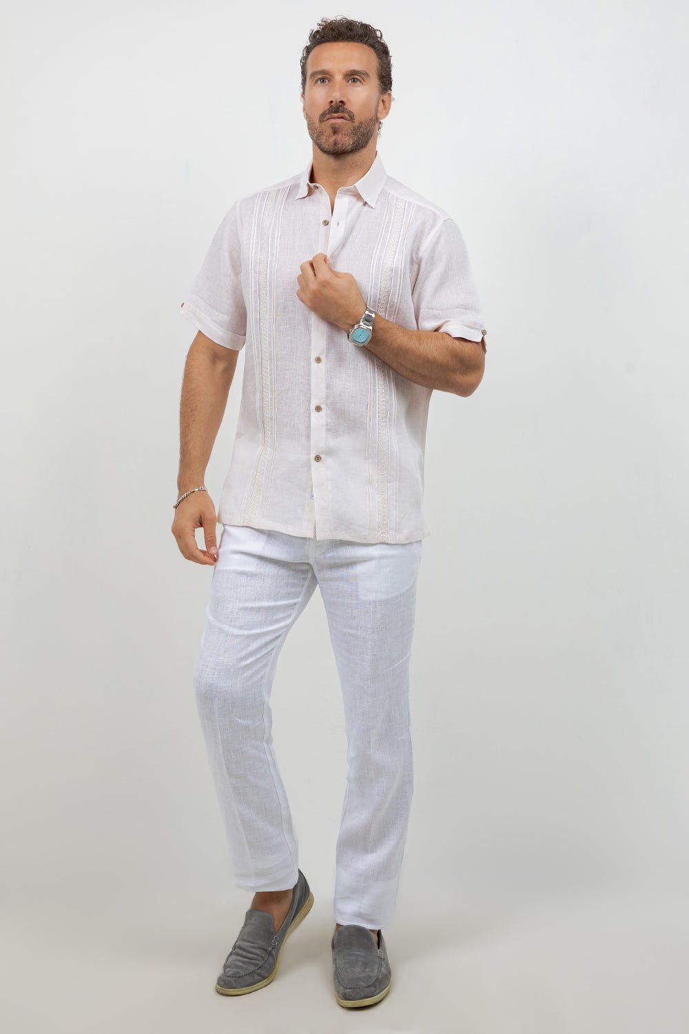 Linen Embroidered Dress Shirt Short Sleeve Scroll