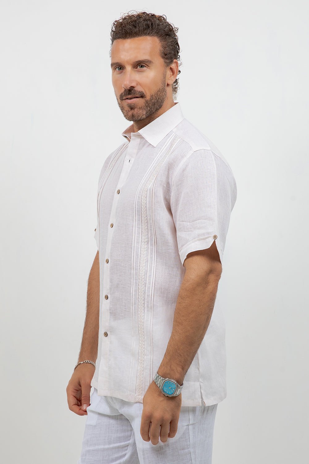 Linen Embroidered Dress Shirt Short Sleeve Scroll