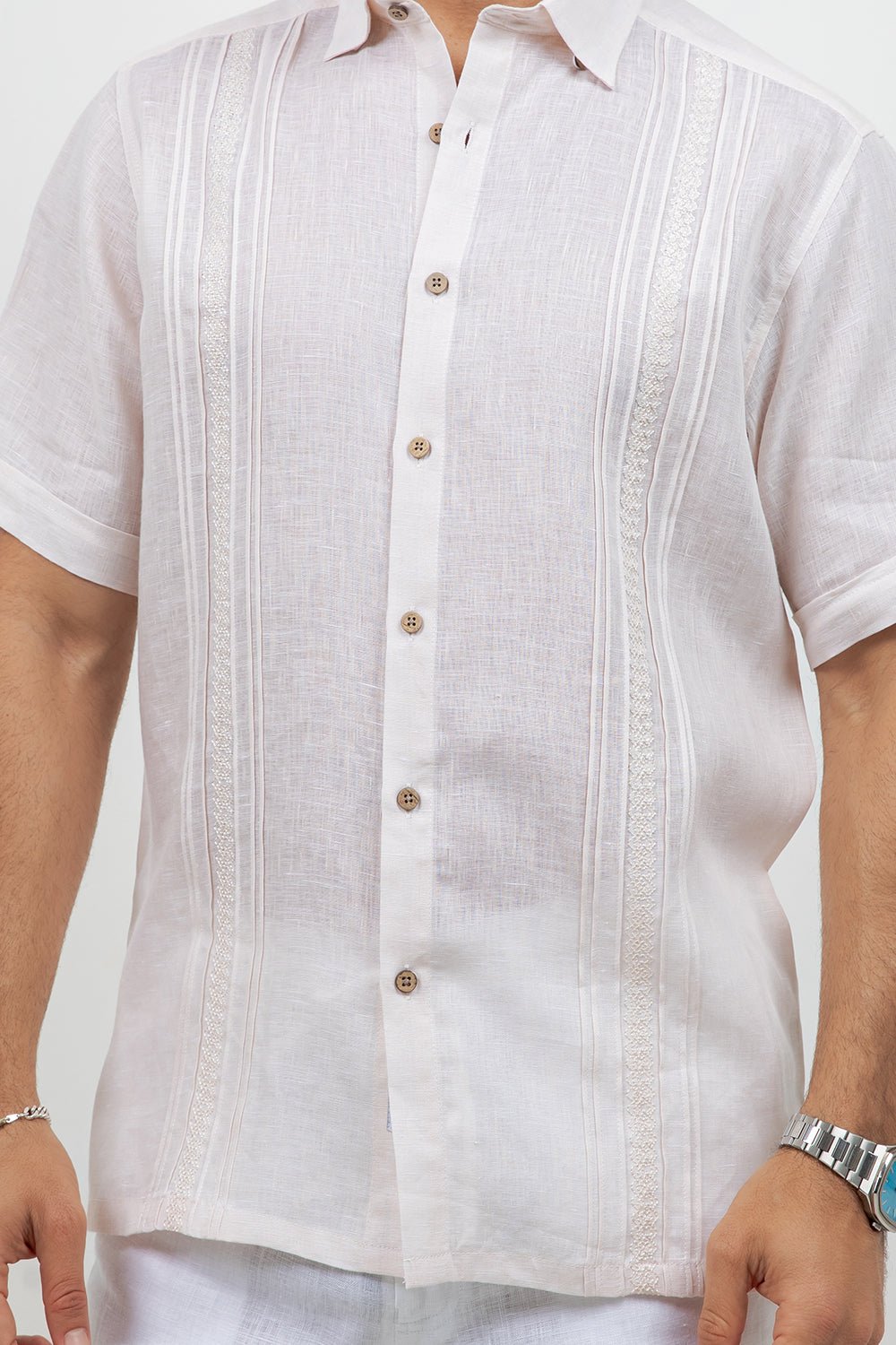 Linen Embroidered Dress Shirt Short Sleeve Scroll