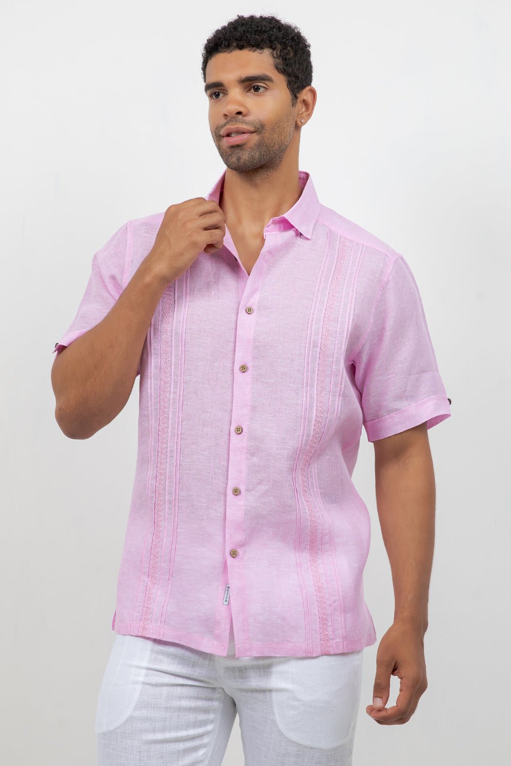Linen Embroidered Dress Shirt Short Sleeve Scroll