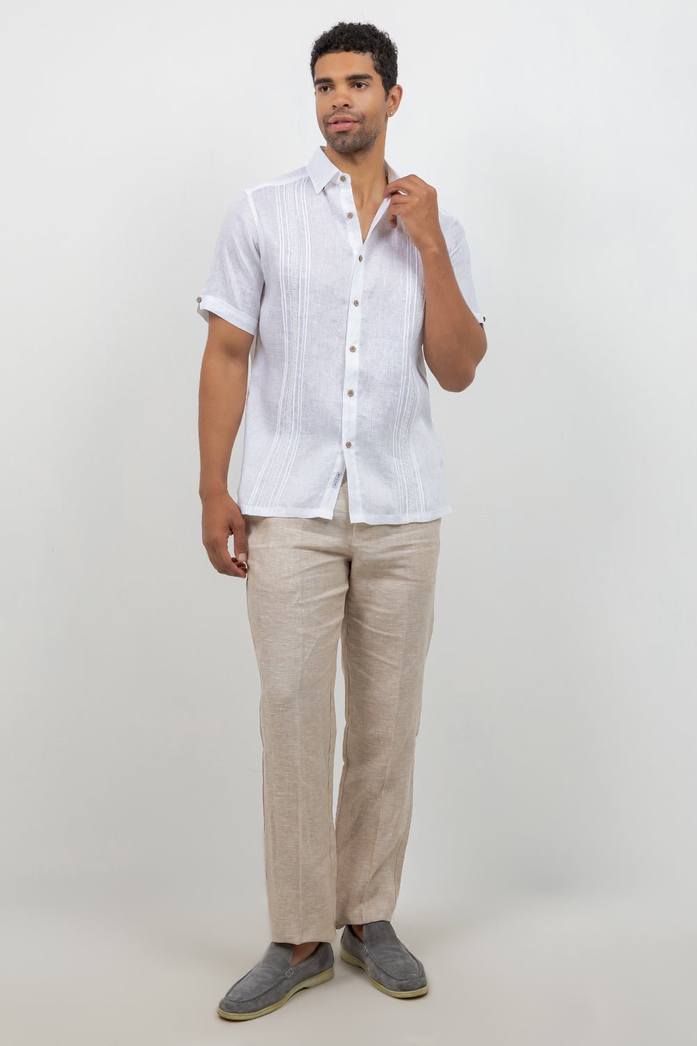 Linen Embroidered Dress Shirt Short Sleeve Scroll