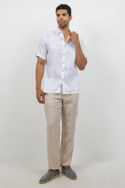 Linen Embroidered Dress Shirt Short Sleeve Scroll