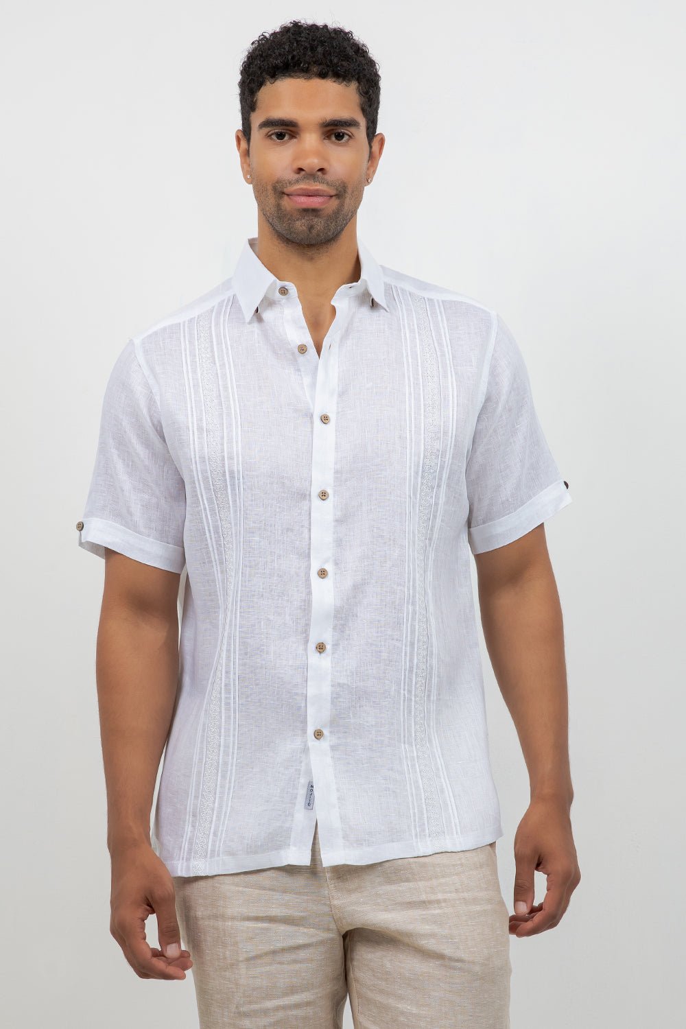 Linen Embroidered Dress Shirt Short Sleeve Scroll