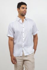 Linen Embroidered Dress Shirt Short Sleeve Scroll