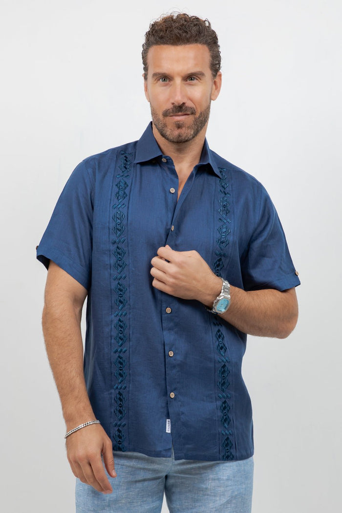 Men's 100% Linen Embroidered Dress Shirt Short Sleeve Sello White / XL