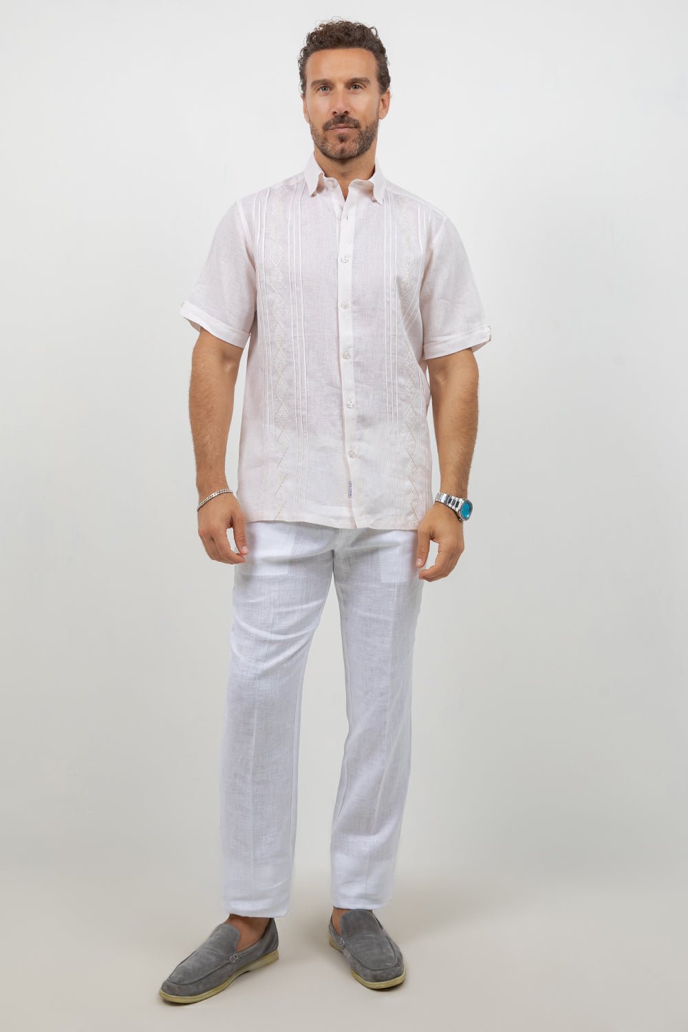 Linen Embroidered Dress Shirt Short Sleeve Tonal
