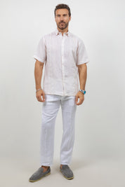 Linen Embroidered Dress Shirt Short Sleeve Tonal