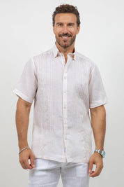 Linen Embroidered Dress Shirt Short Sleeve Tonal