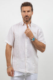 Linen Embroidered Dress Shirt Short Sleeve Tonal