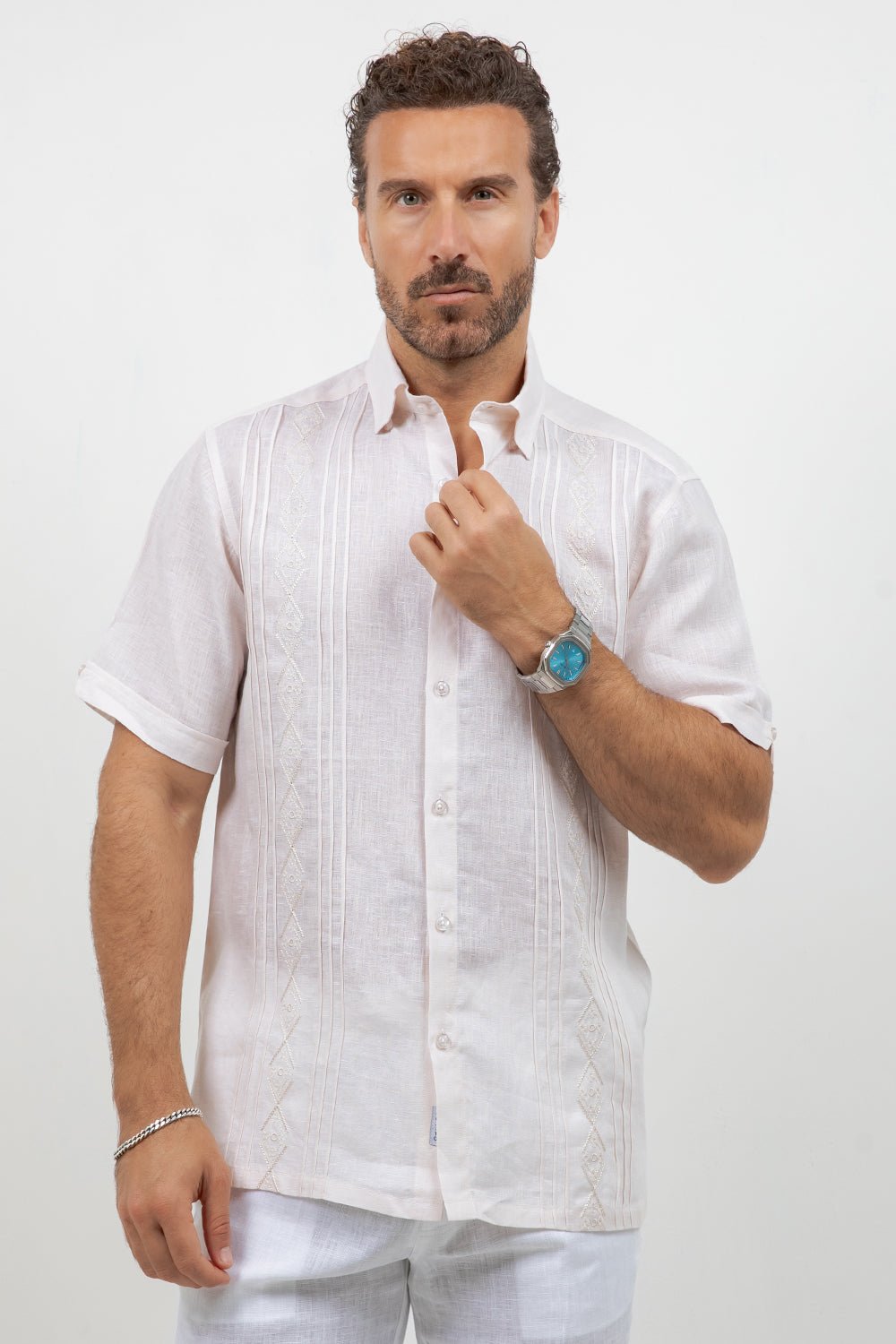 Men's 100% Linen Embroidered Dress Shirt Short Sleeve Tonal Natural / S