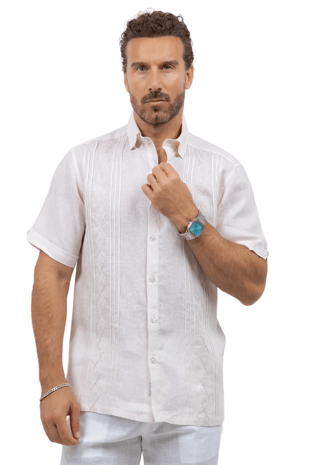 Linen Embroidered Dress Shirt Short Sleeve Tonal