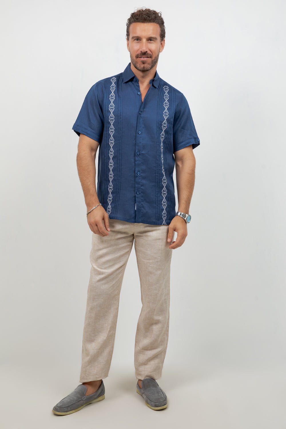 Men's 100% Linen Embroidered Dress Shirt Short Sleeve Tonal White / XL