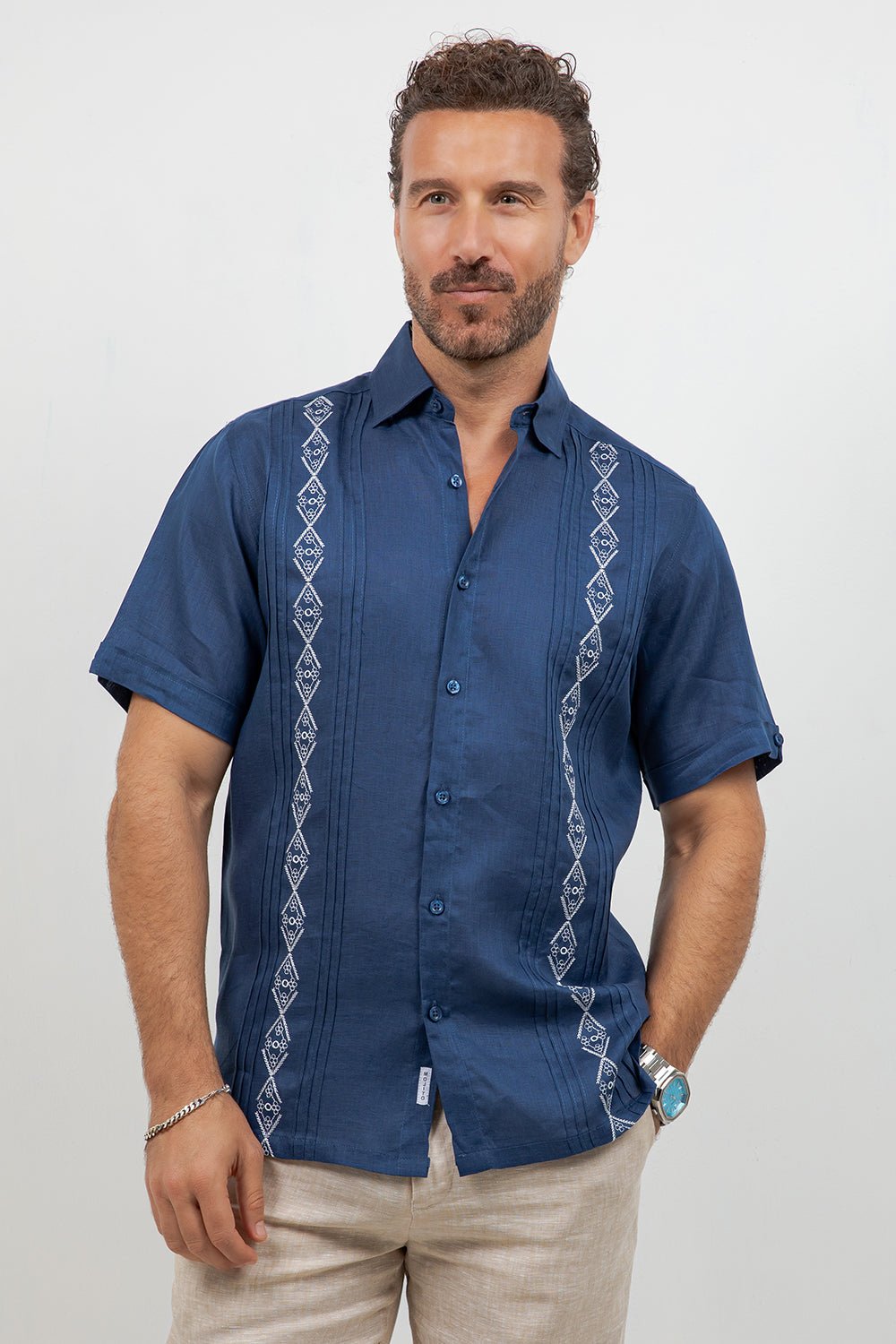 mens embroidered dress shirts Mens Vintage Black Stars & Scrolls Western Shirt Navy 100% linen embroidered short Linen Embroidered Dress Shirt Short