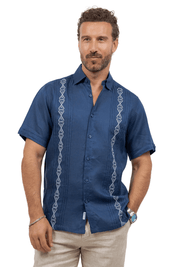 Linen Embroidered Dress Shirt Short Sleeve Tonal