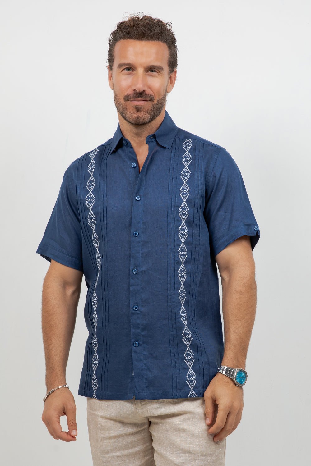 Linen Embroidered Dress Shirt Short Sleeve Tonal