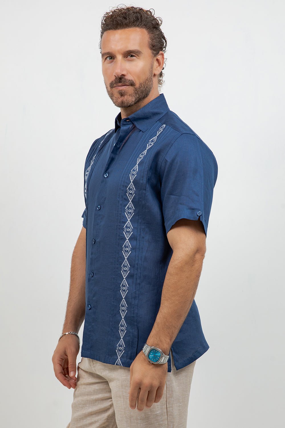 Linen Embroidered Dress Shirt Short Sleeve Tonal