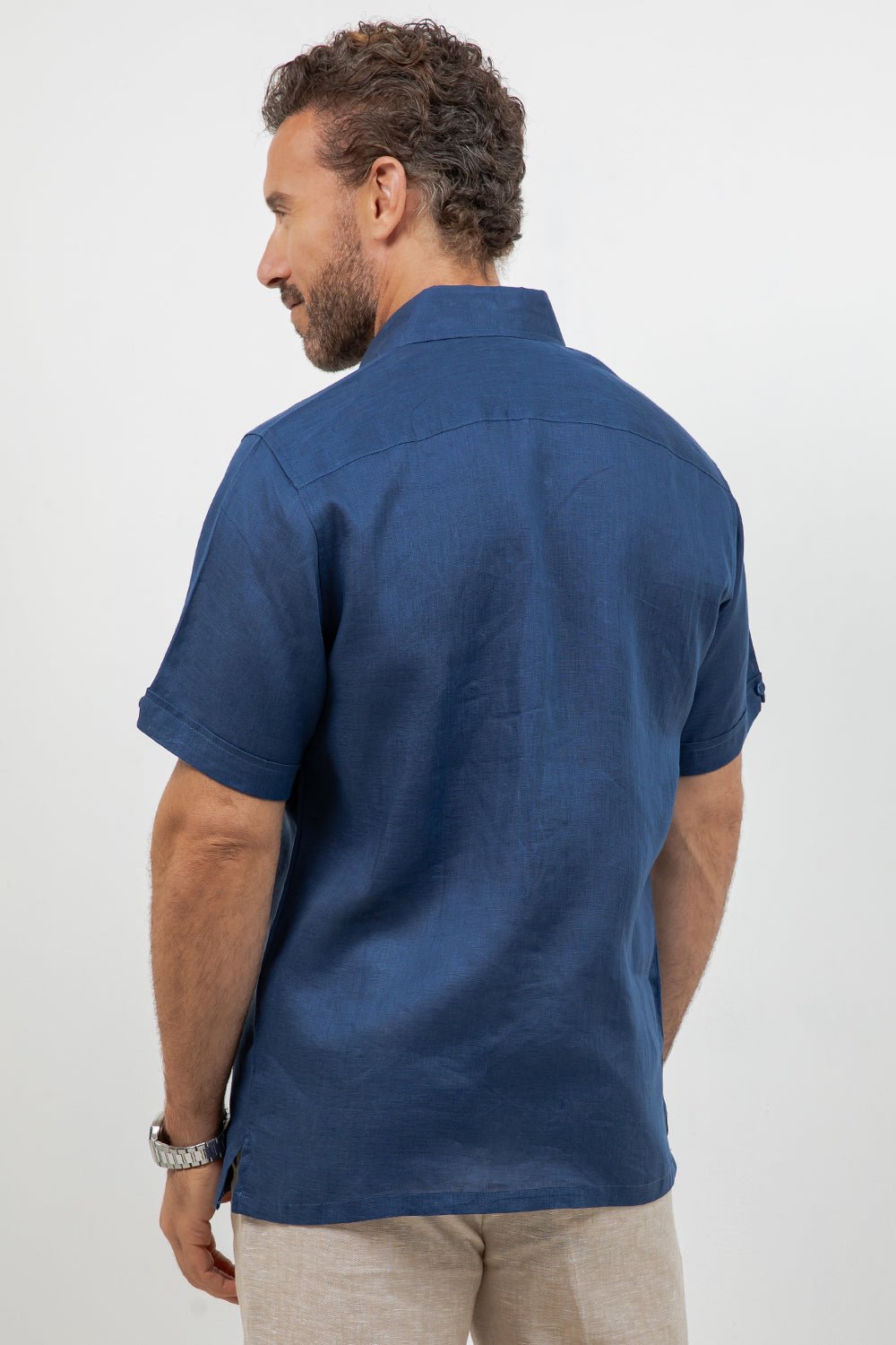 Linen Embroidered Dress Shirt Short Sleeve Tonal