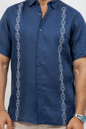 Linen Embroidered Dress Shirt Short Sleeve Tonal