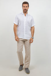 Linen Embroidered Dress Shirt Short Sleeve Tonal