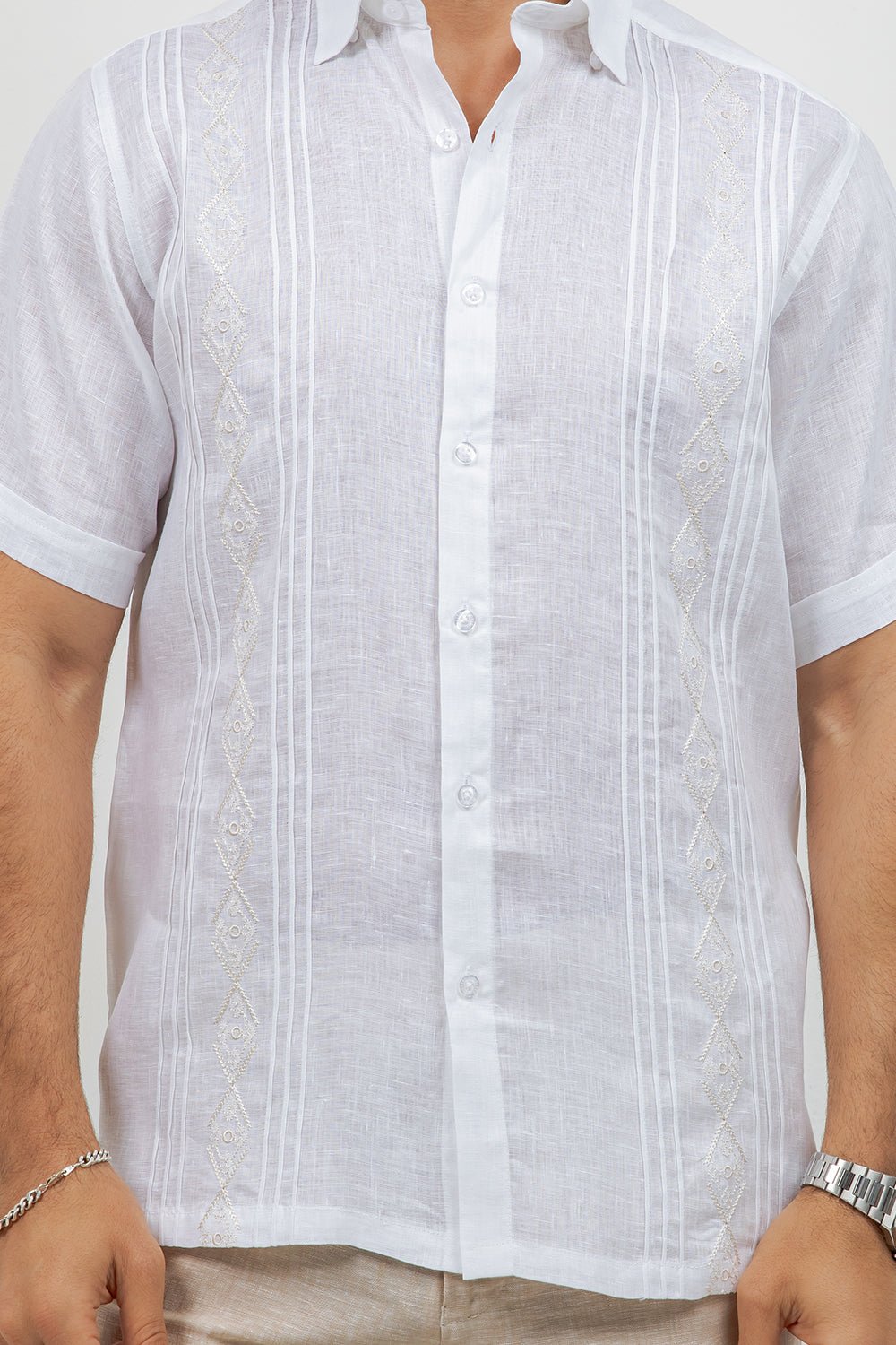 Linen Embroidered Dress Shirt Short Sleeve Tonal