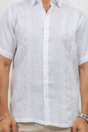 Linen Embroidered Dress Shirt Short Sleeve Tonal