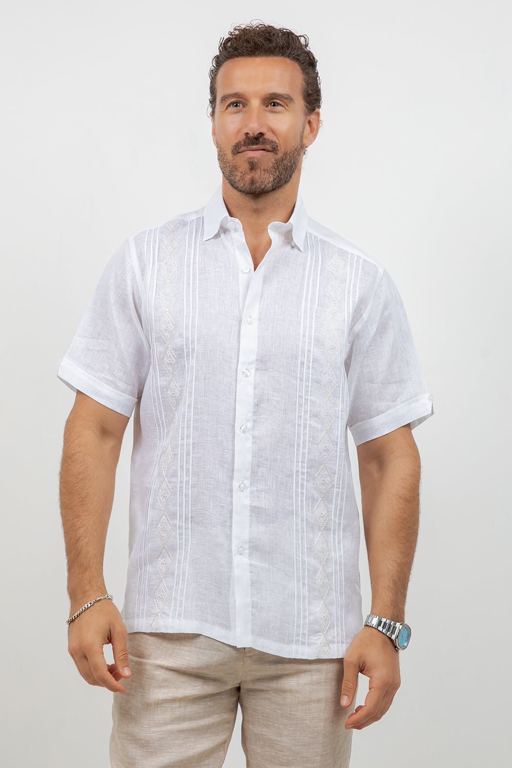 Linen Embroidered Dress Shirt Short Sleeve Tonal