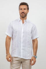 Linen Embroidered Dress Shirt Short Sleeve Tonal