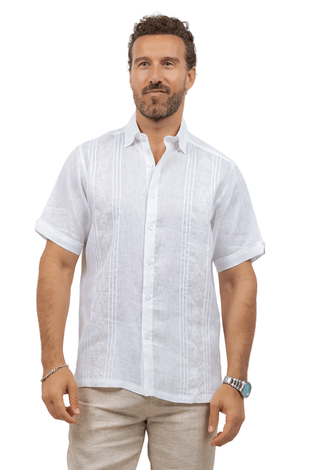 Linen Embroidered Dress Shirt Short Sleeve Tonal