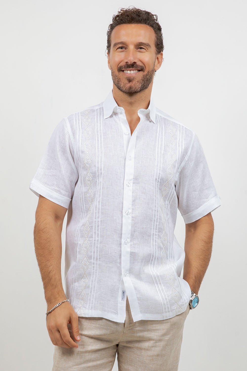 Linen Embroidered Dress Shirt Short Sleeve Tonal