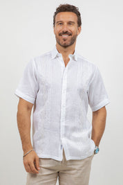 Linen Embroidered Dress Shirt Short Sleeve Tonal