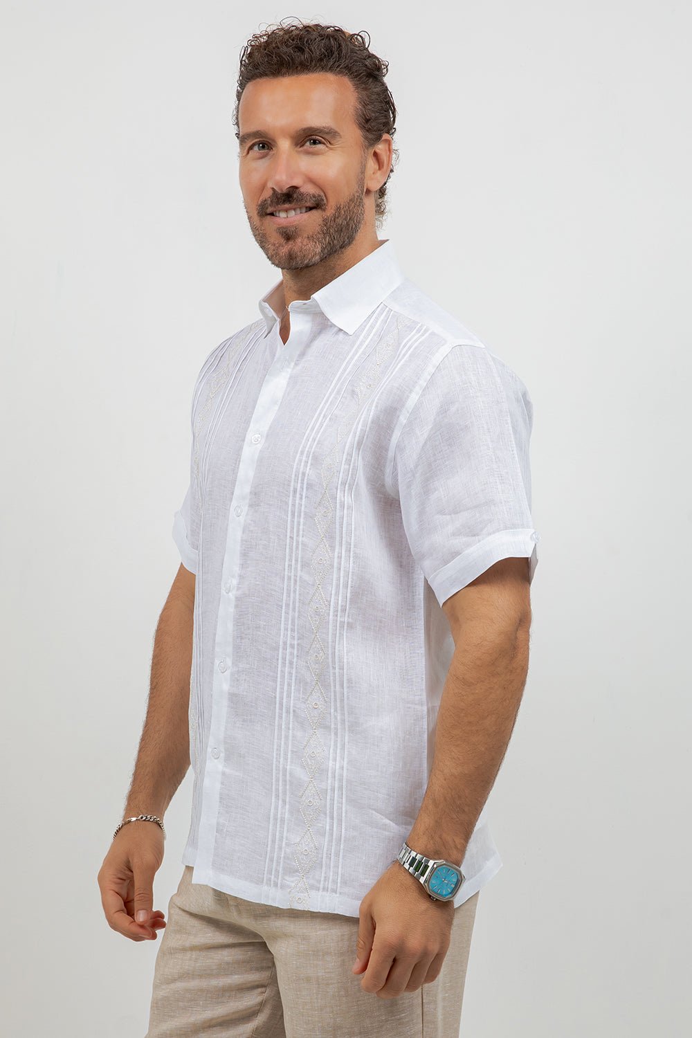 Linen Embroidered Dress Shirt Short Sleeve Tonal