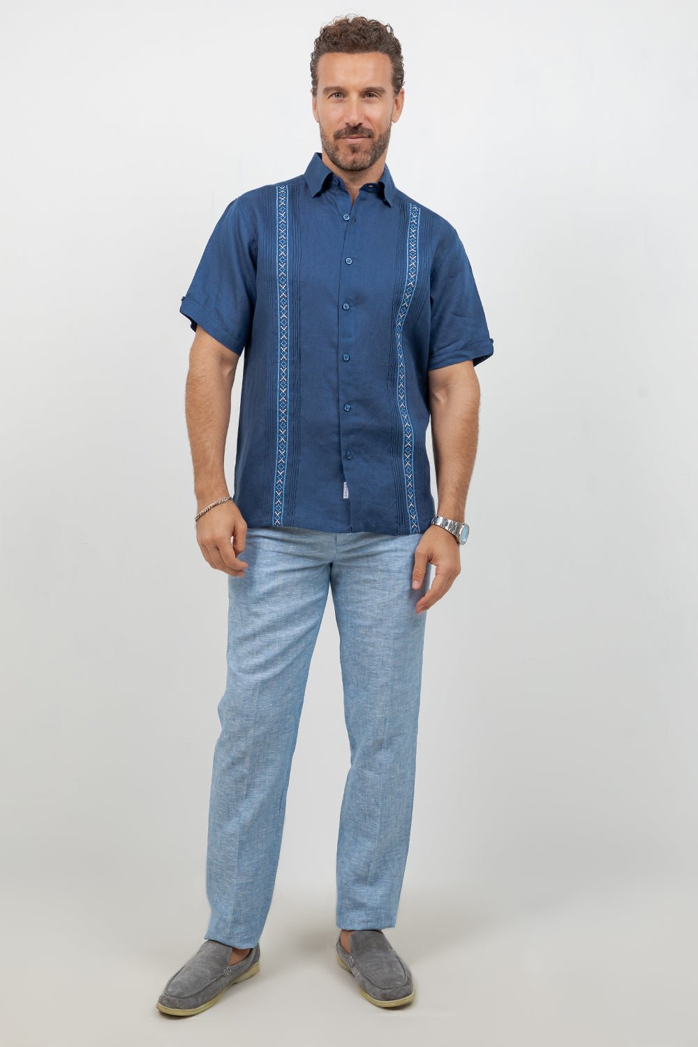 Linen Embroidered Dress Shirt Short Sleeve Refined