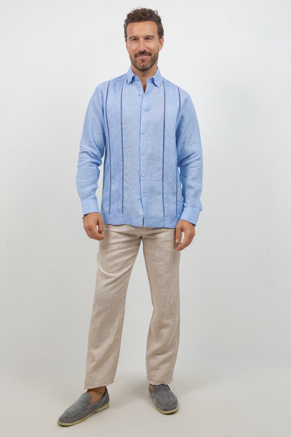 Linen Embroidered Dress Shirt Long Sleeve Scroll