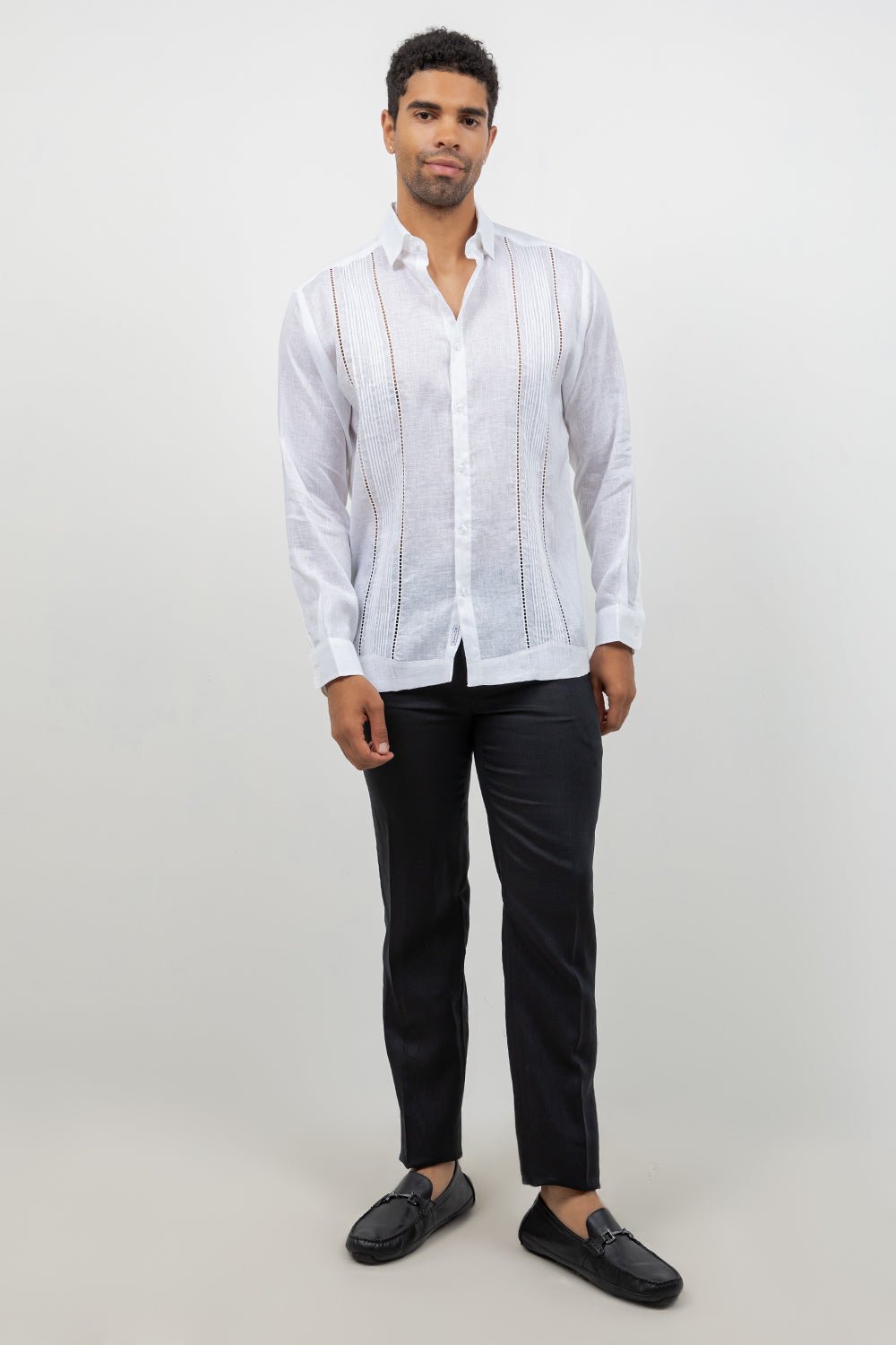Linen Embroidered Dress Shirt Long Sleeve Scroll