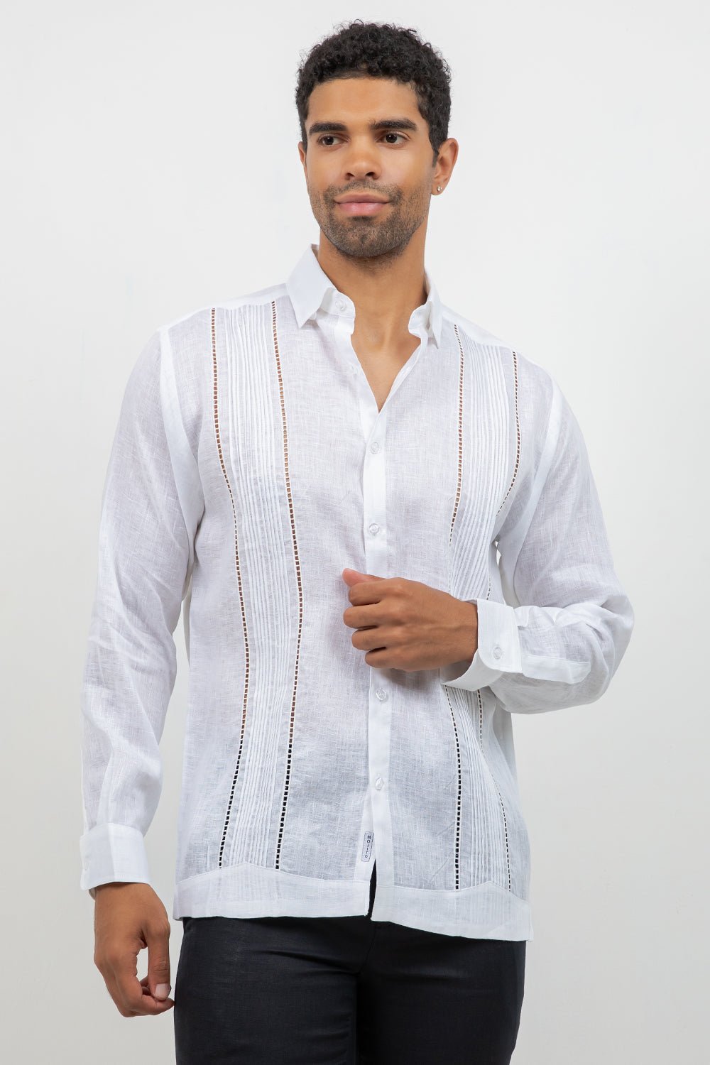 Linen Embroidered Dress Shirt Long Sleeve Scroll