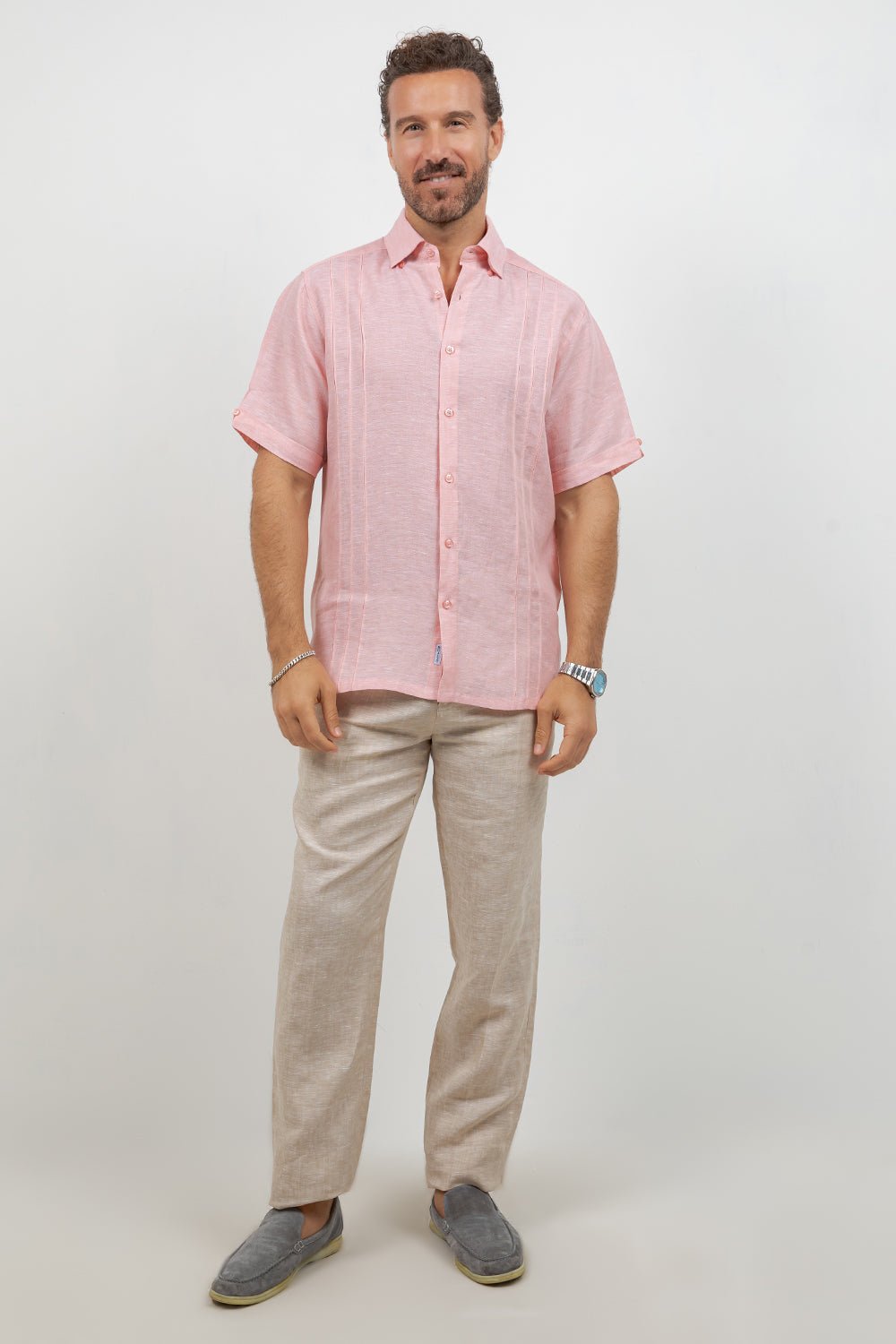 Men's 100% Linen Embroidered Dress Shirt Short Sleeve Signature Apricot / S