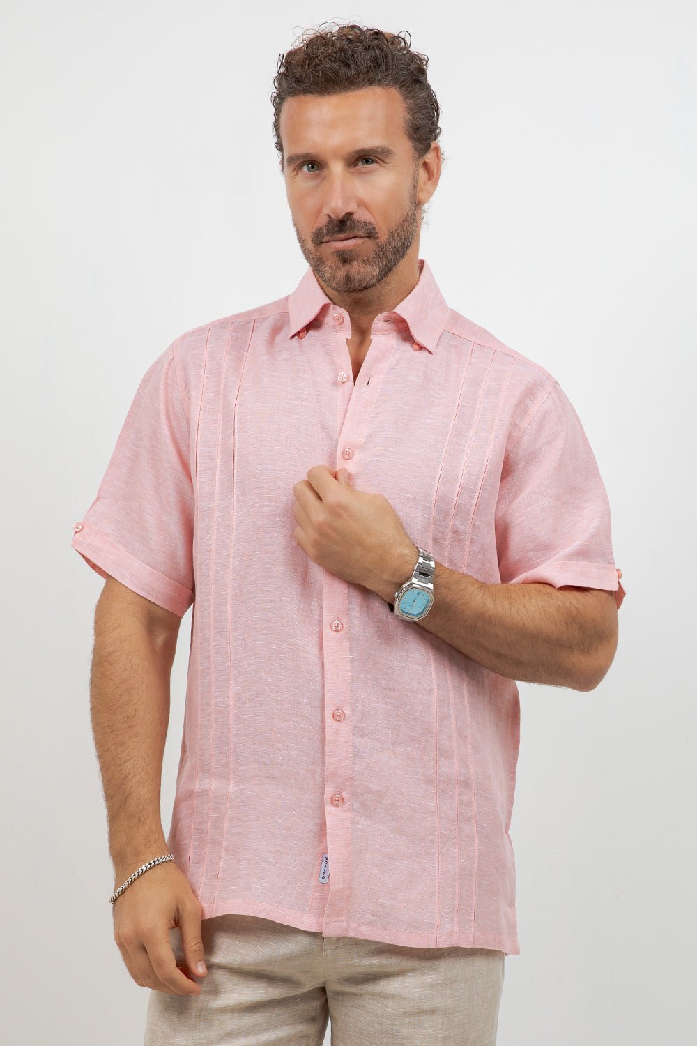 Men's 100% Linen Embroidered Dress Shirt Short Sleeve Signature Apricot / S