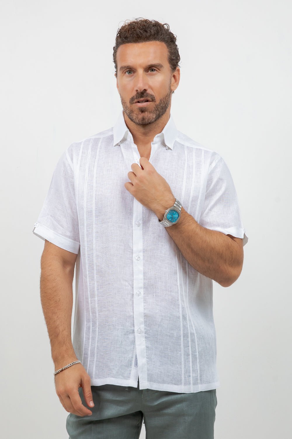 Linen Embroidered Dress Shirt Short Sleeve Signature