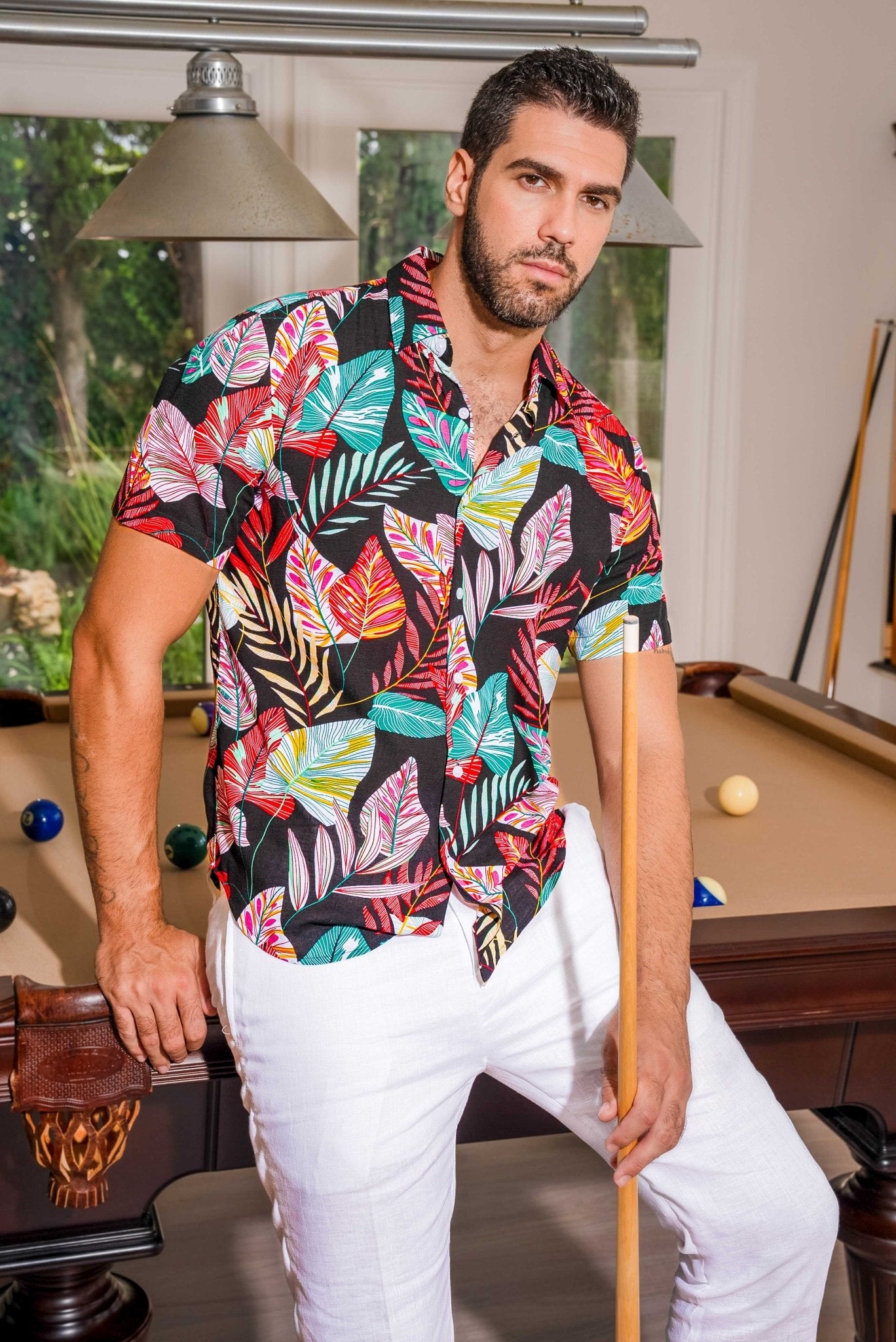 Camisa de rayón con estampado retro de manga corta