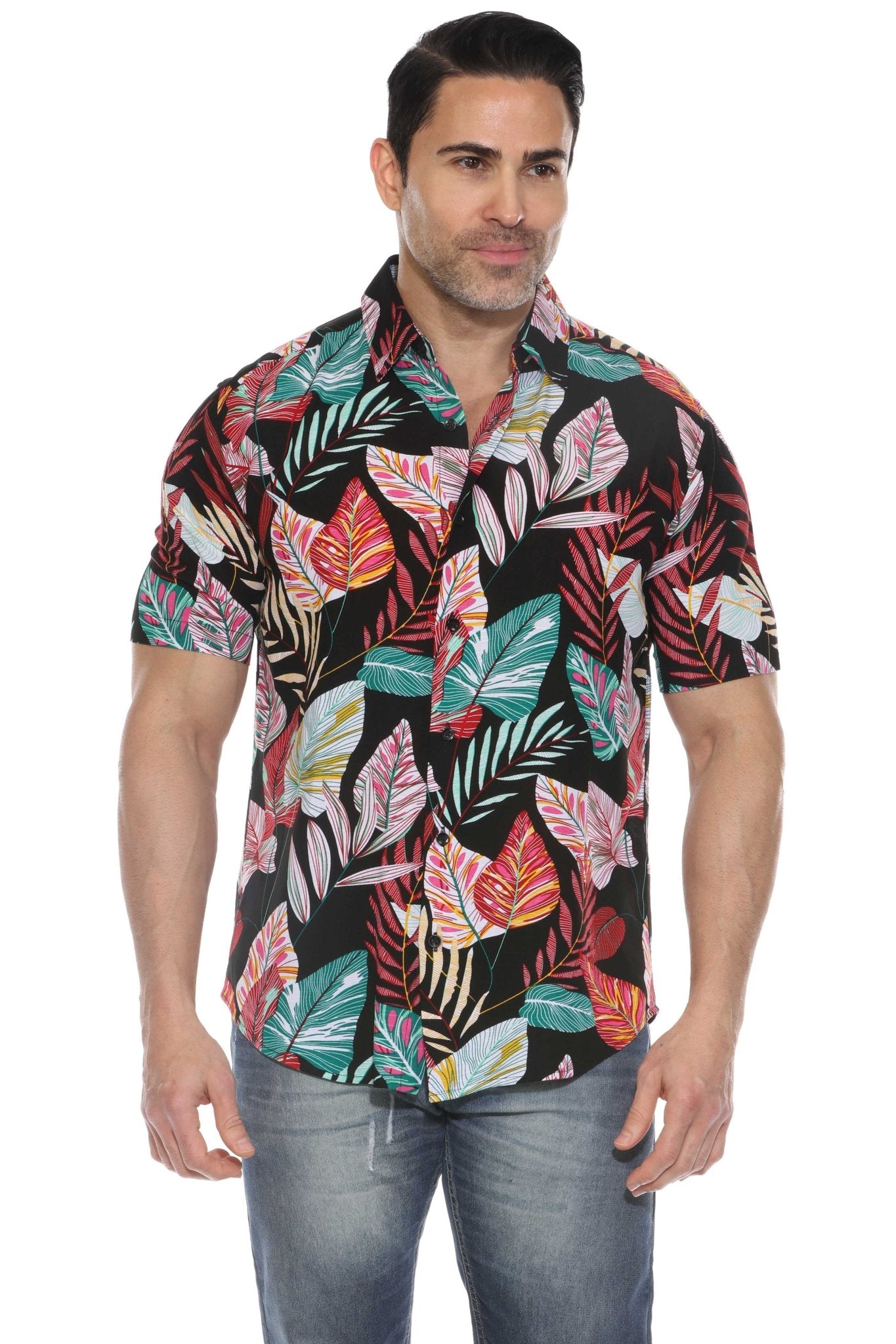 Camisa de rayón con estampado retro de manga corta